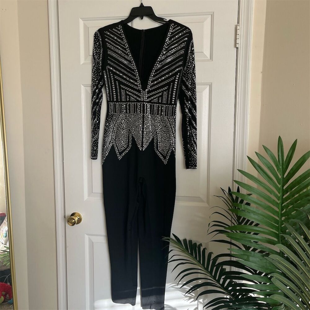 Black Rhinestone Embellished Long Sleeve Jumpsuit Women's  Party Wear